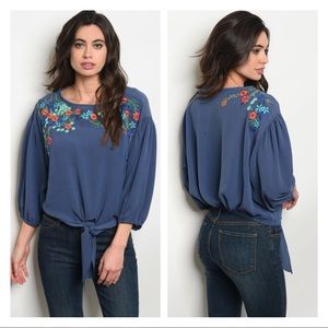 Floral embroidered bottom tie blouse